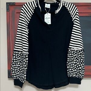 New Mix Black Pullover with Striped and Daisy Raglan Sleeves